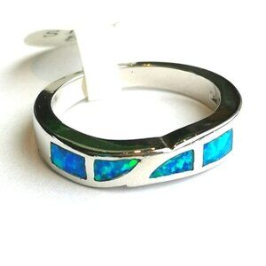 Blue Opal sterling silver band stacking ring size 6